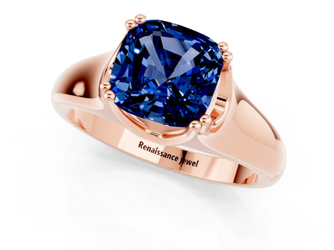 Rose gold Cushion Cut Blue Sapphire Solitaire Ring with Wide Band and Prong Setting_1
