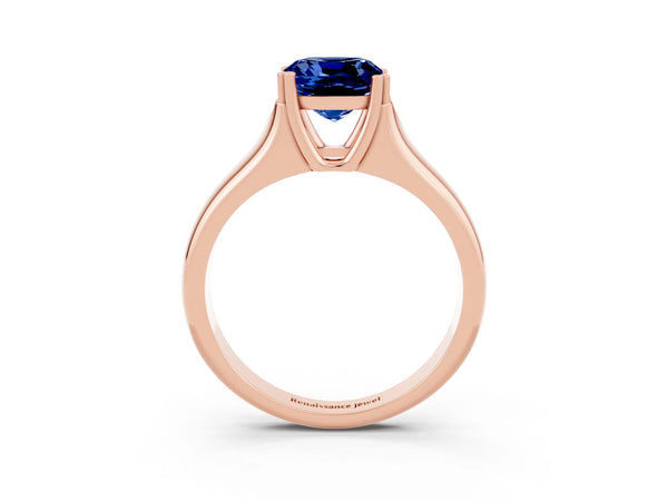 Rose gold Cushion Cut Blue Sapphire Solitaire Ring with Wide Band and Prong Setting