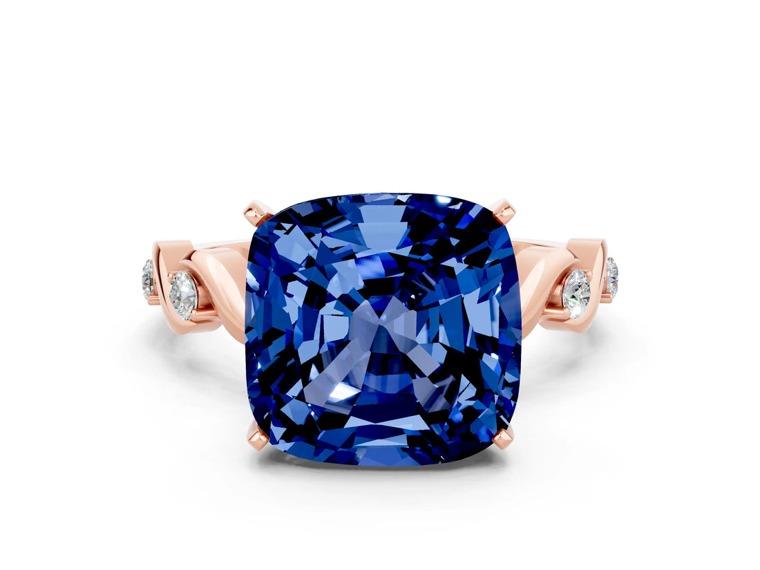 Rose gold Cushion Cut Blue Sapphire Solitaire Twisted Band with Round  Accents and Prong Setting_12