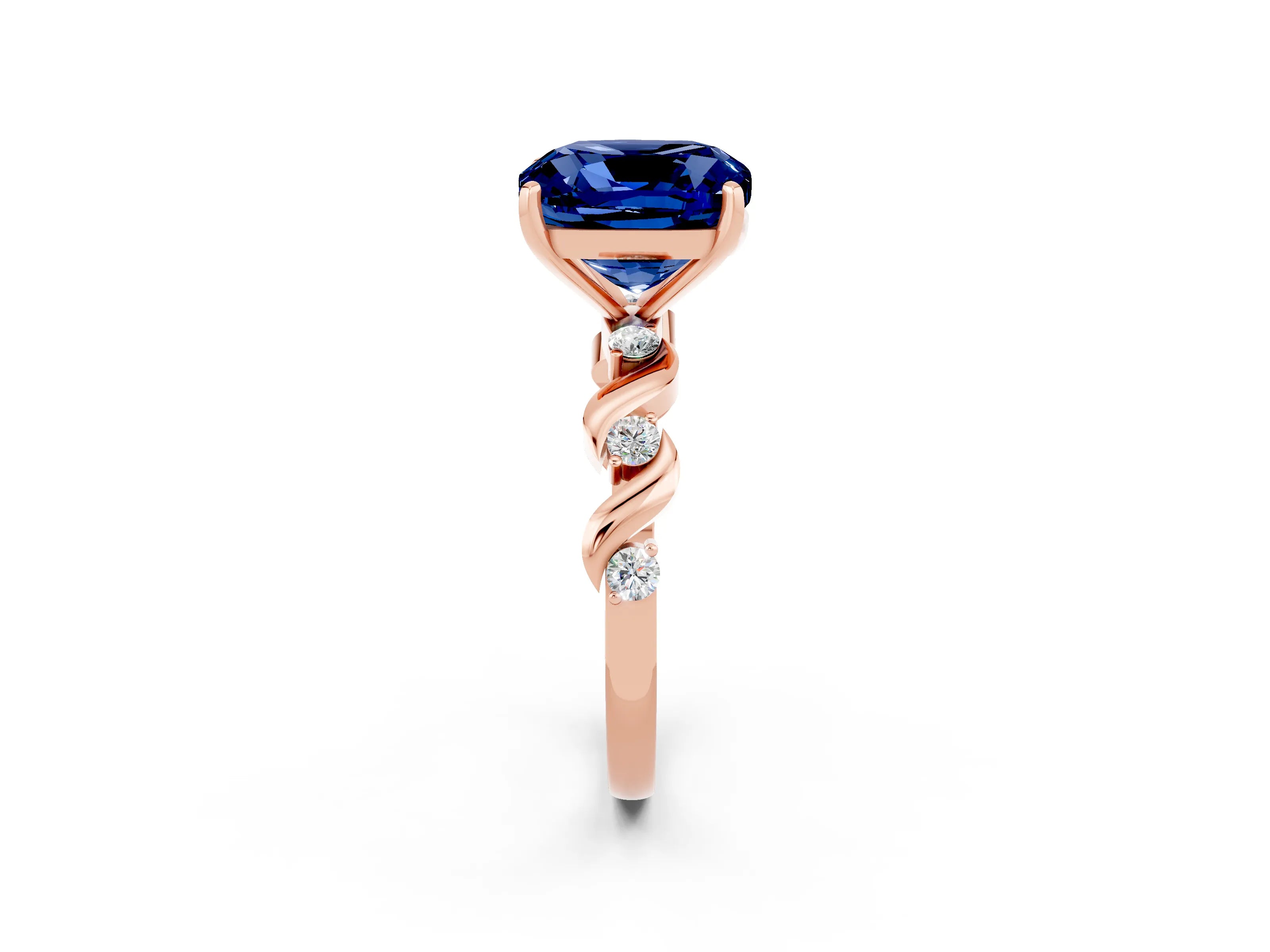 Rose gold Cushion Cut Blue Sapphire Solitaire Twisted Band with Round  Accents and Prong Setting_14