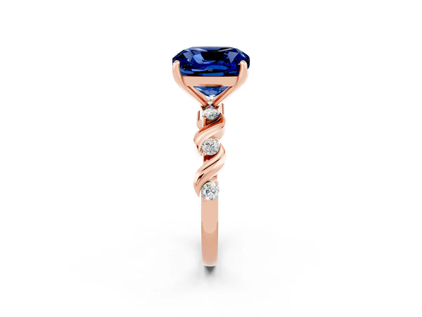 Rose gold Cushion Cut Blue Sapphire Solitaire Twisted Band with Round  Accents and Prong Setting