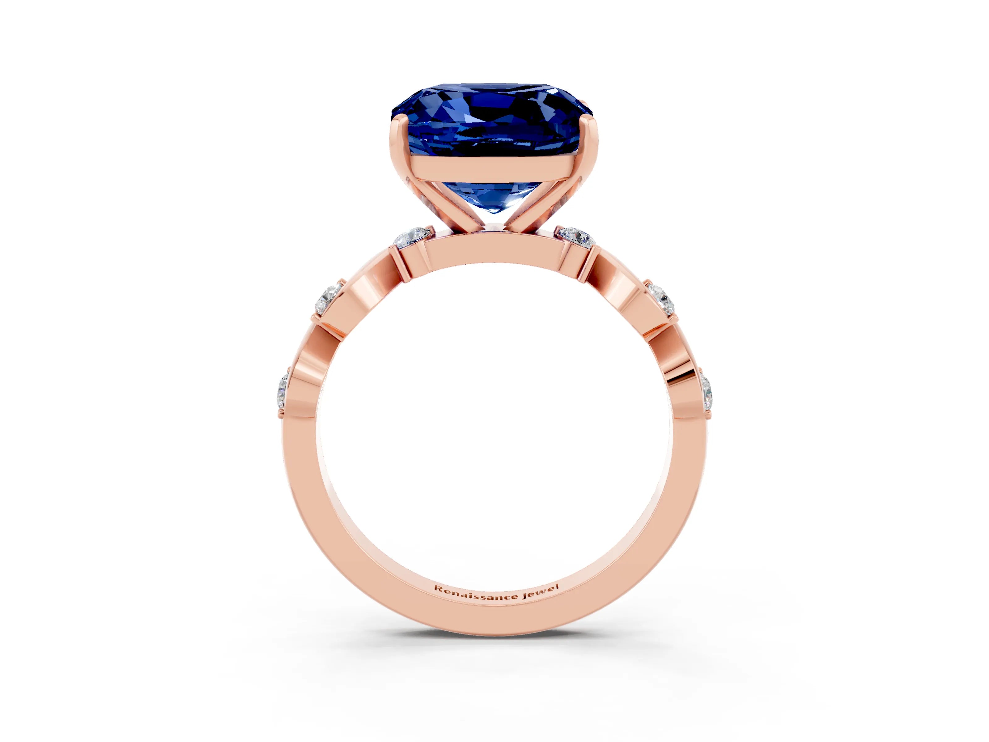 Rose gold Cushion Cut Blue Sapphire Solitaire Twisted Band with Round  Accents and Prong Setting_15
