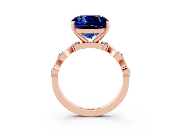Rose gold Cushion Cut Blue Sapphire Solitaire Twisted Band with Round  Accents and Prong Setting