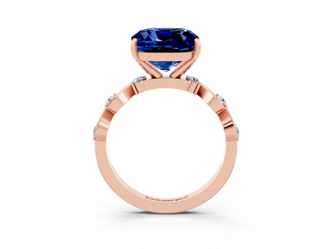 Rose gold Cushion Cut Blue Sapphire Solitaire Twisted Band with Round  Accents and Prong Setting_15