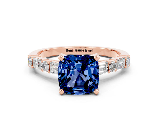 Rose gold Cushion Cut Blue Sapphire Solitaire with Side Baguettes and Channel Set Band