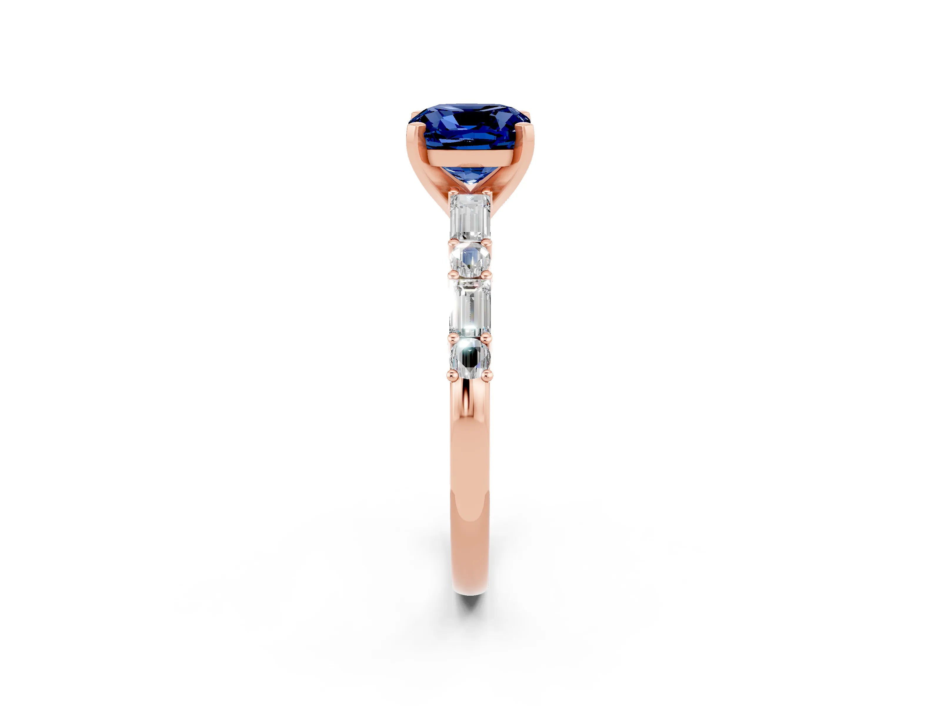 Rose gold Cushion Cut Blue Sapphire Solitaire with Side Baguettes and Channel Set Band_2