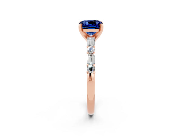Rose gold Cushion Cut Blue Sapphire Solitaire with Side Baguettes and Channel Set Band