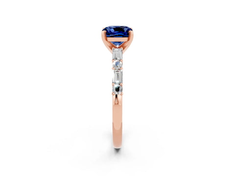 Rose gold Cushion Cut Blue Sapphire Solitaire with Side Baguettes and Channel Set Band_2