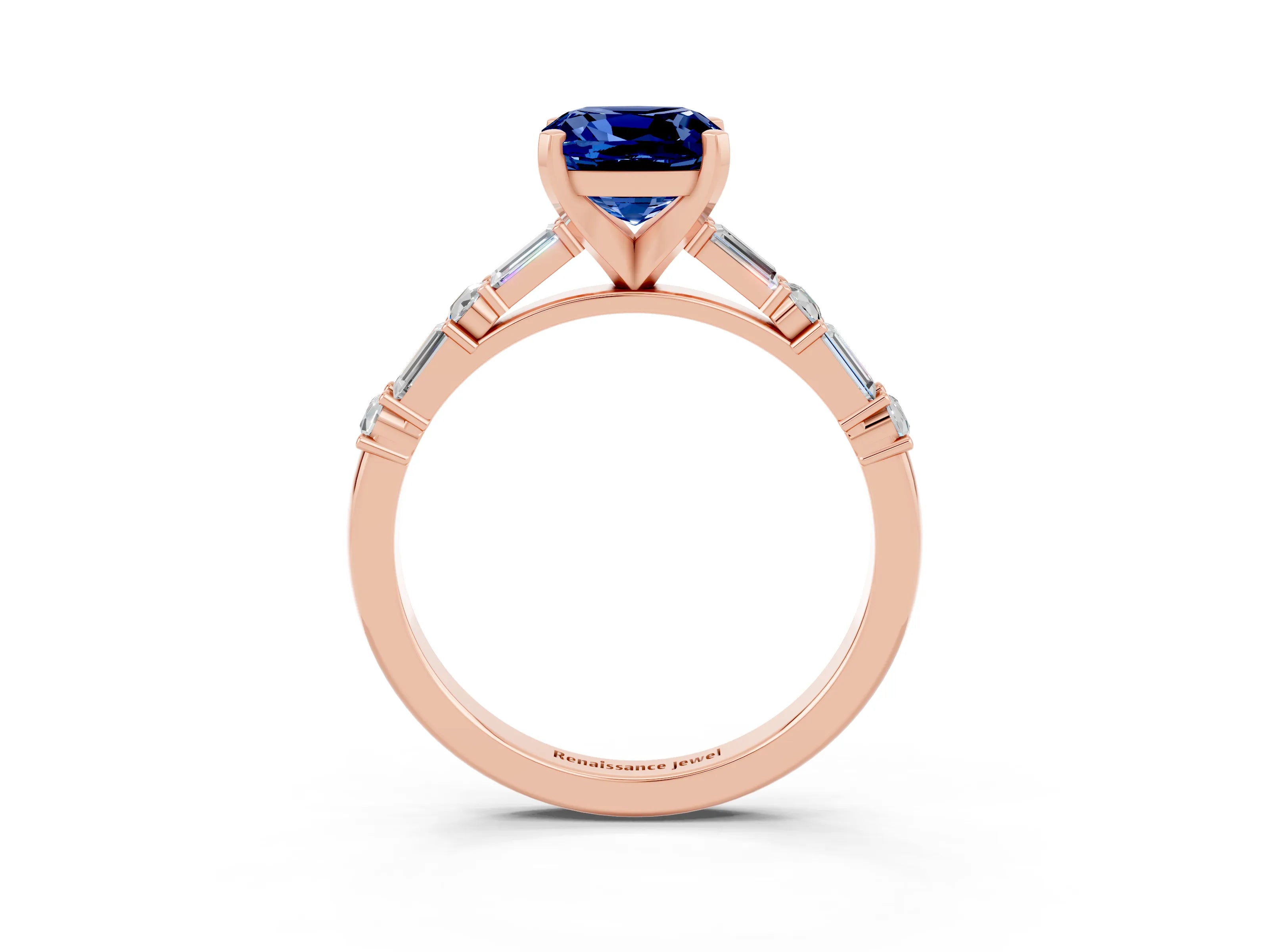 Rose gold Cushion Cut Blue Sapphire Solitaire with Side Baguettes and Channel Set Band_3