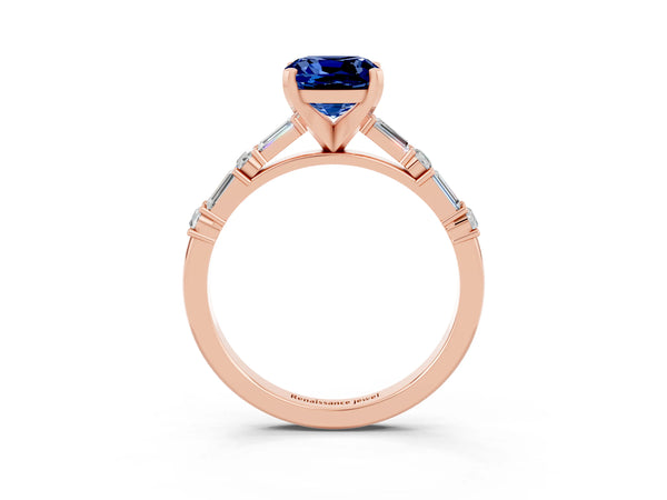 Rose gold Cushion Cut Blue Sapphire Solitaire with Side Baguettes and Channel Set Band