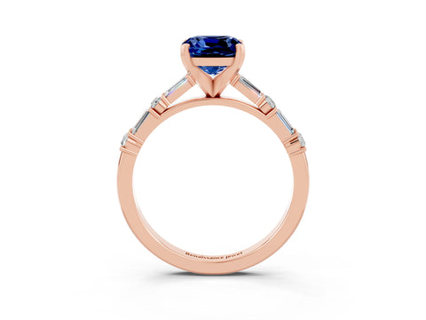 Rose gold Cushion Cut Blue Sapphire Solitaire with Side Baguettes and Channel Set Band_3