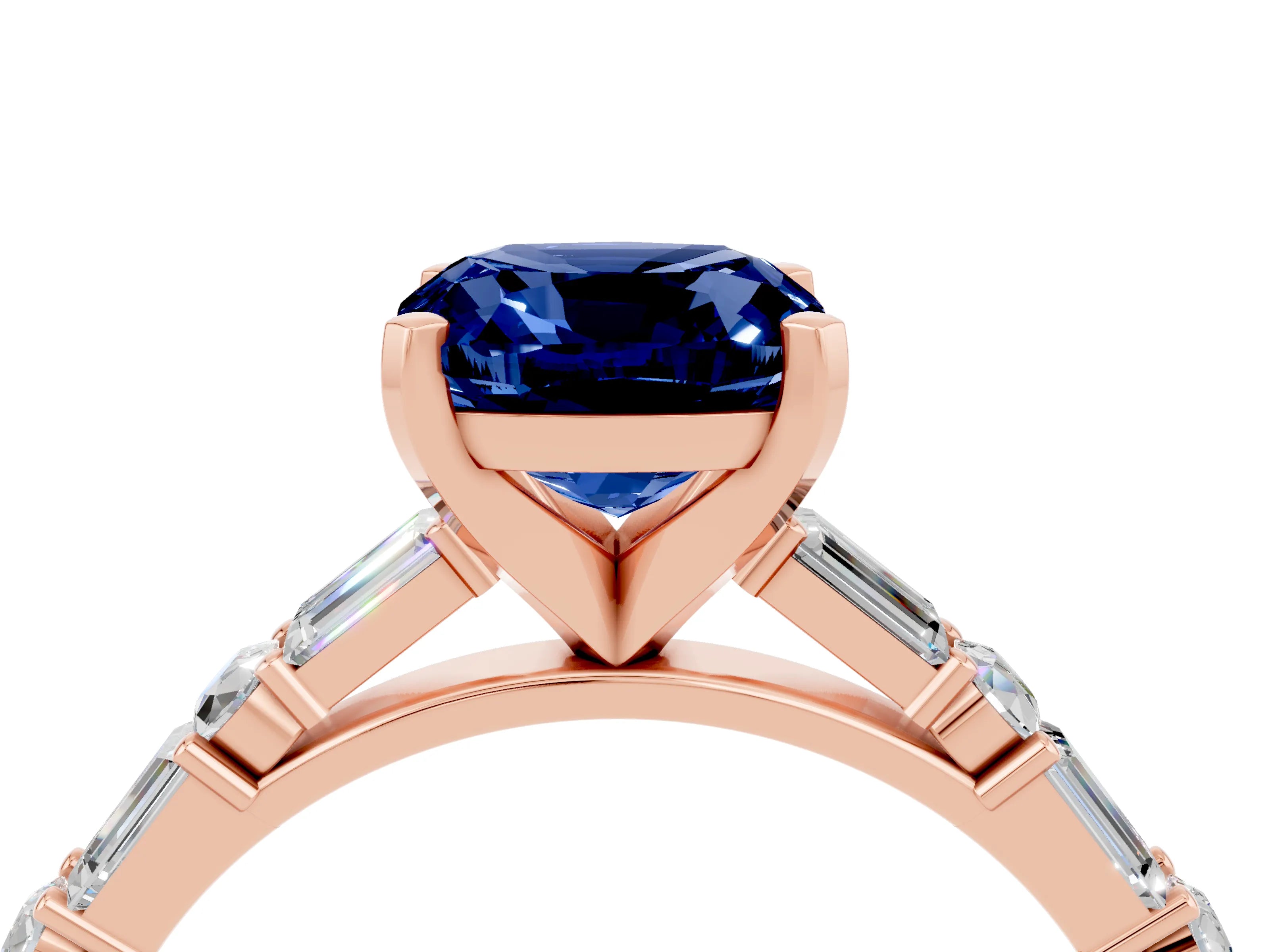 Rose gold Cushion Cut Blue Sapphire Solitaire with Side Baguettes and Channel Set Band_4