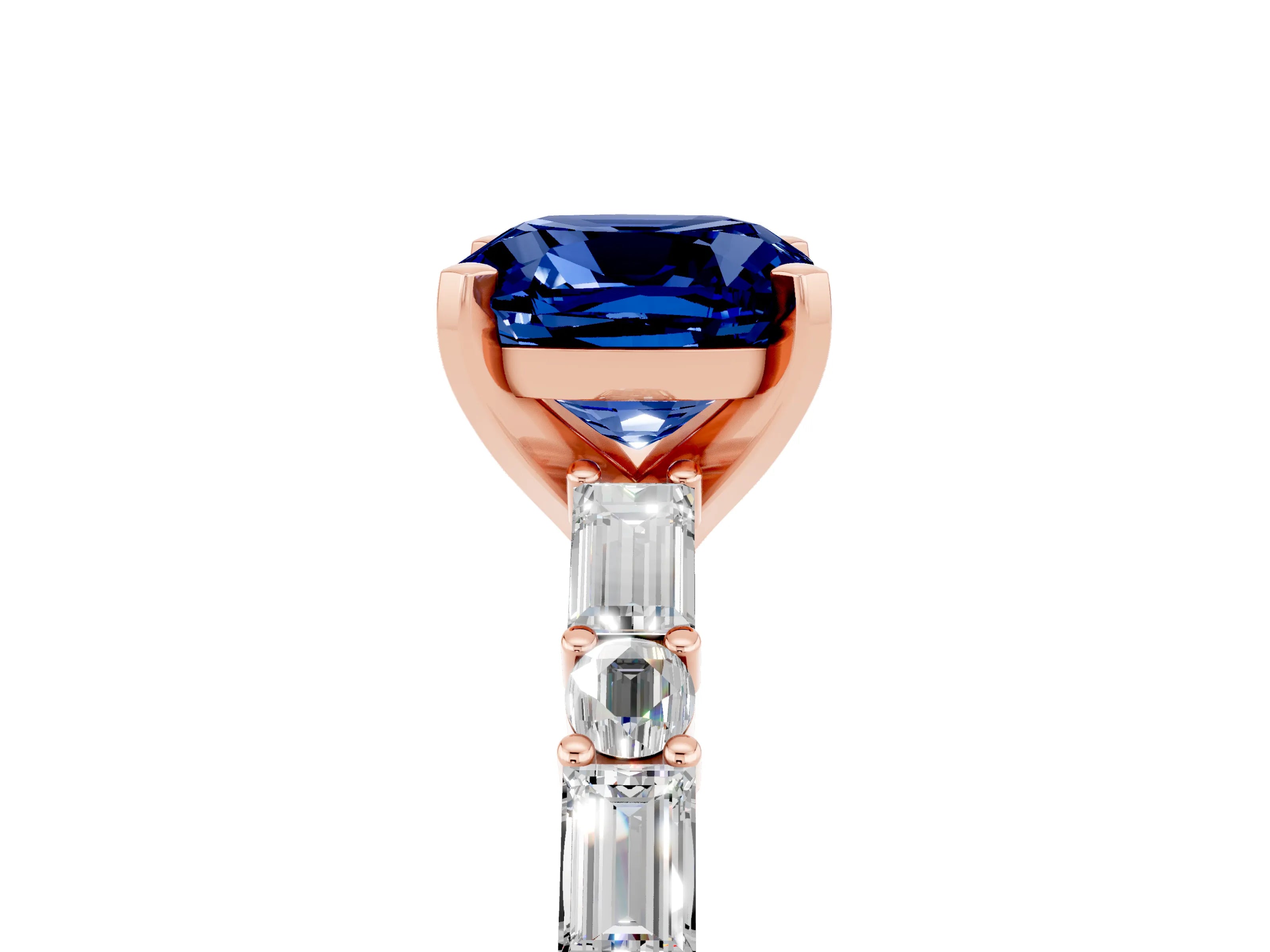 Rose gold Cushion Cut Blue Sapphire Solitaire with Side Baguettes and Channel Set Band_5