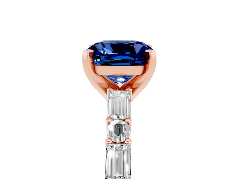 Rose gold Cushion Cut Blue Sapphire Solitaire with Side Baguettes and Channel Set Band_5