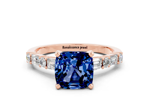 Rose gold Cushion Cut Blue Sapphire Solitaire with Side Baguettes and Channel Set Band