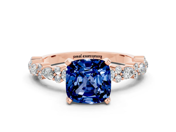 Rose gold Cushion Cut Blue Sapphire Side Stone Solitaire Ring with Round  and Four-Prong Setting