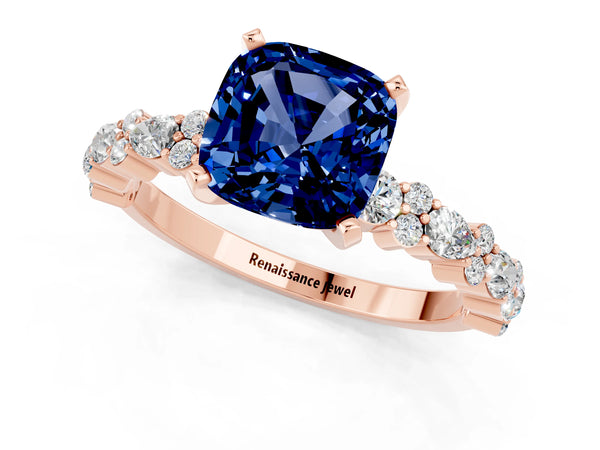 Rose gold Cushion Cut Blue Sapphire Side Stone Solitaire Ring with Round  and Four-Prong Setting