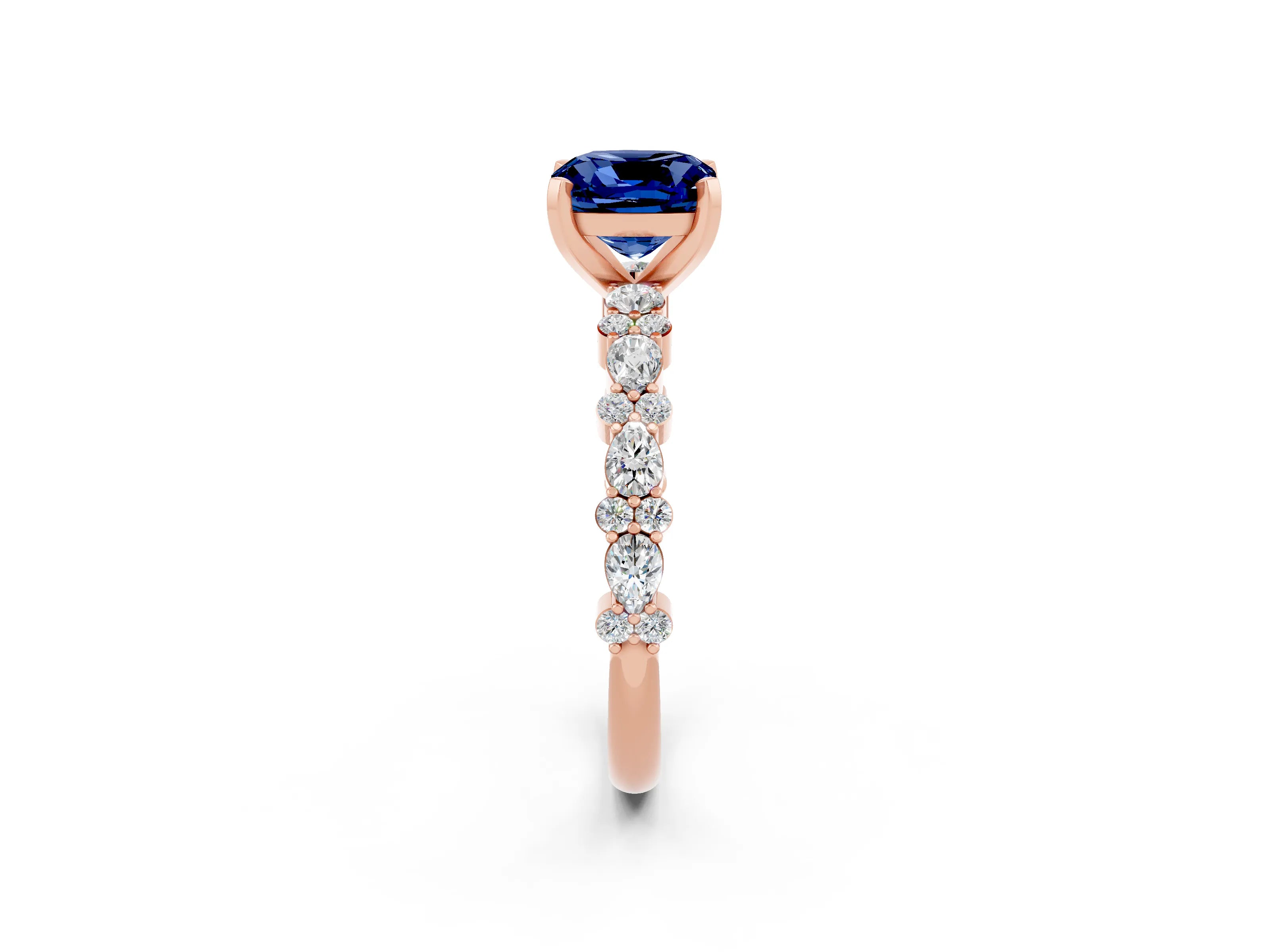 Rose gold Cushion Cut Blue Sapphire Solitaire with Side Stones, Pave Band, Four-Prong Setting_38