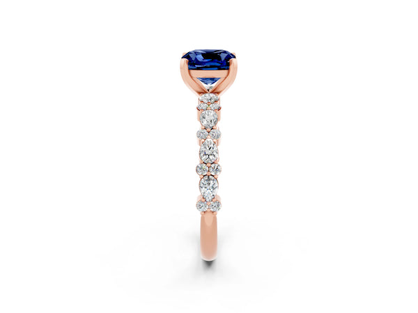 Rose gold Cushion Cut Blue Sapphire Side Stone Solitaire Ring with Round  and Four-Prong Setting