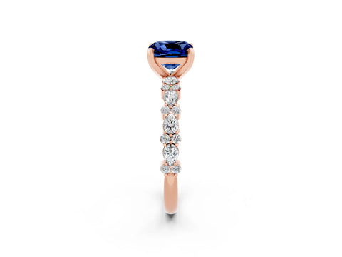 Rose gold Cushion Cut Blue Sapphire Solitaire with Side Stones, Pave Band, Four-Prong Setting_38