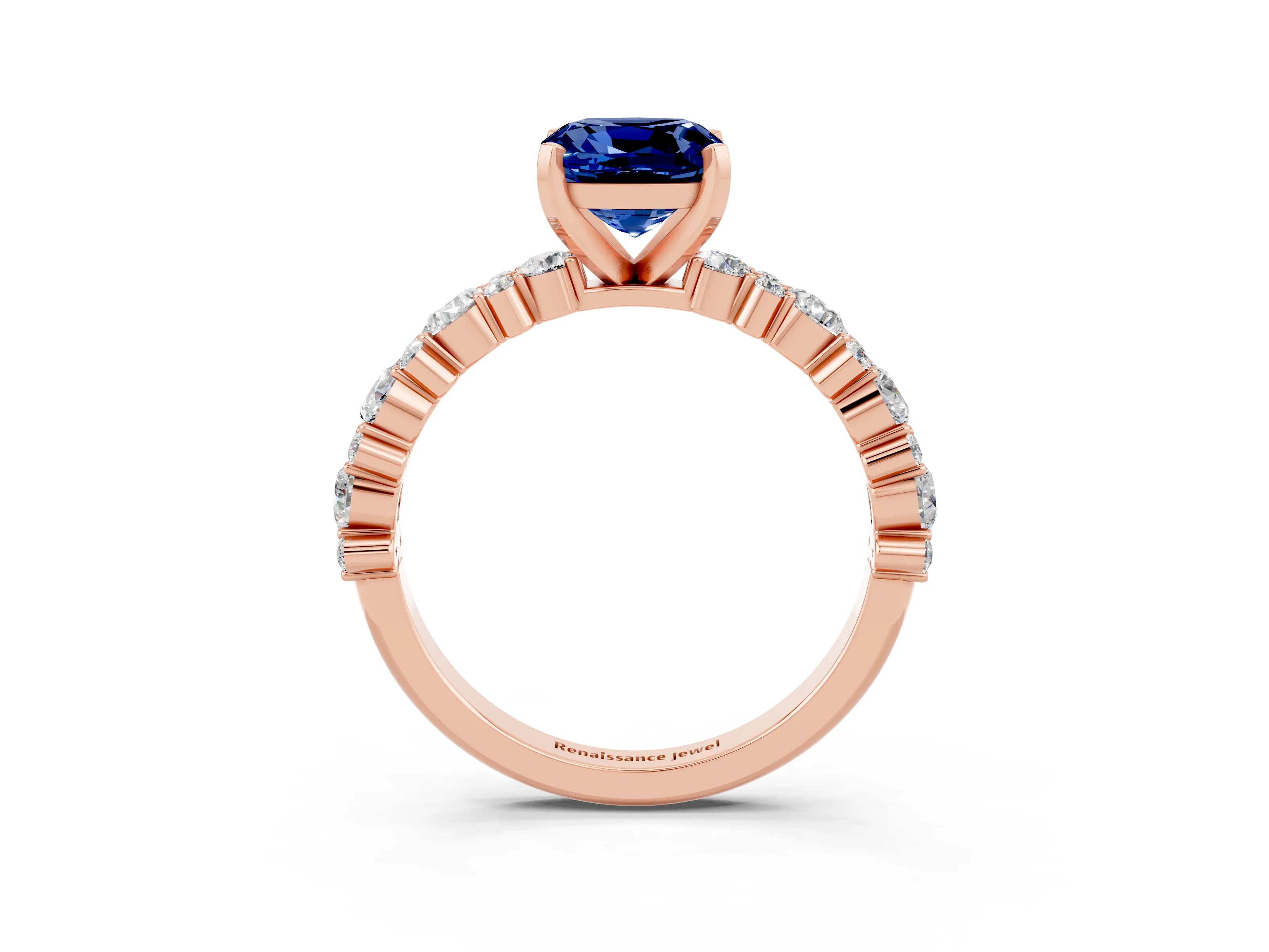 Rose gold Cushion Cut Blue Sapphire Solitaire with Side Stones, Pave Band, Four-Prong Setting_39