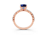 Rose gold Cushion Cut Blue Sapphire Solitaire with Side Stones, Pave Band, Four-Prong Setting_39