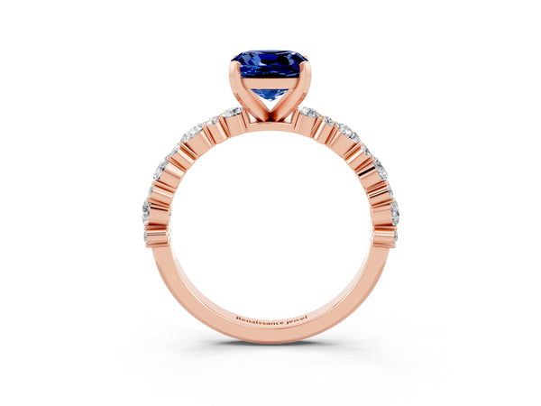 Rose gold Cushion Cut Blue Sapphire Side Stone Solitaire Ring with Round  and Four-Prong Setting
