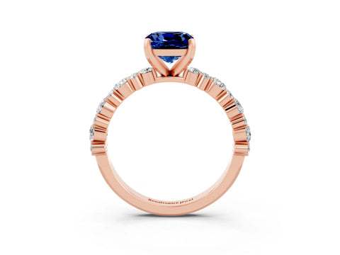 Rose gold Cushion Cut Blue Sapphire Solitaire with Side Stones, Pave Band, Four-Prong Setting_39