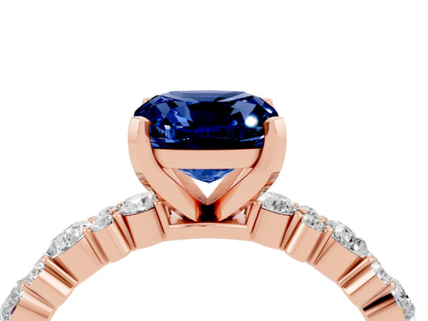 Rose gold Cushion Cut Blue Sapphire Solitaire with Side Stones, Pave Band, Four-Prong Setting_40
