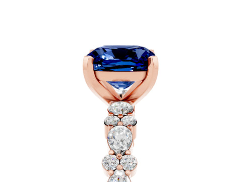 Rose gold Cushion Cut Blue Sapphire Solitaire with Side Stones, Pave Band, Four-Prong Setting_41