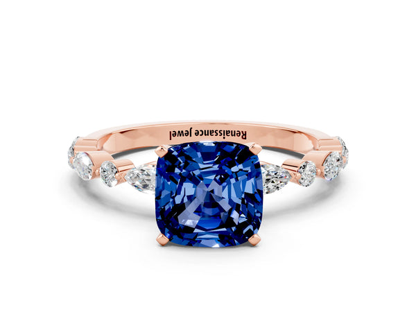 Rose gold Cushion Cut Blue Sapphire Ring with Marquise and Round  Side Stones and Four-Prong Setting
