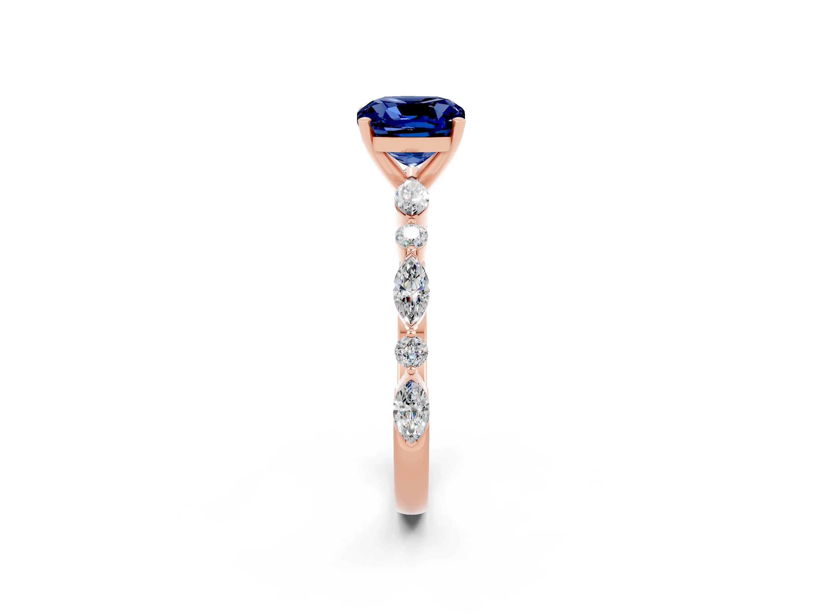 Rose gold Cushion Cut Blue Sapphire Solitaire with Side Stones on a Pavé Band and Four-Prong Setting_2