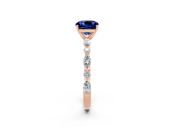 Rose gold Cushion Cut Blue Sapphire Ring with Marquise and Round  Side Stones and Four-Prong Setting