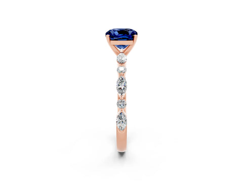 Rose gold Cushion Cut Blue Sapphire Solitaire with Side Stones on a Pavé Band and Four-Prong Setting_2