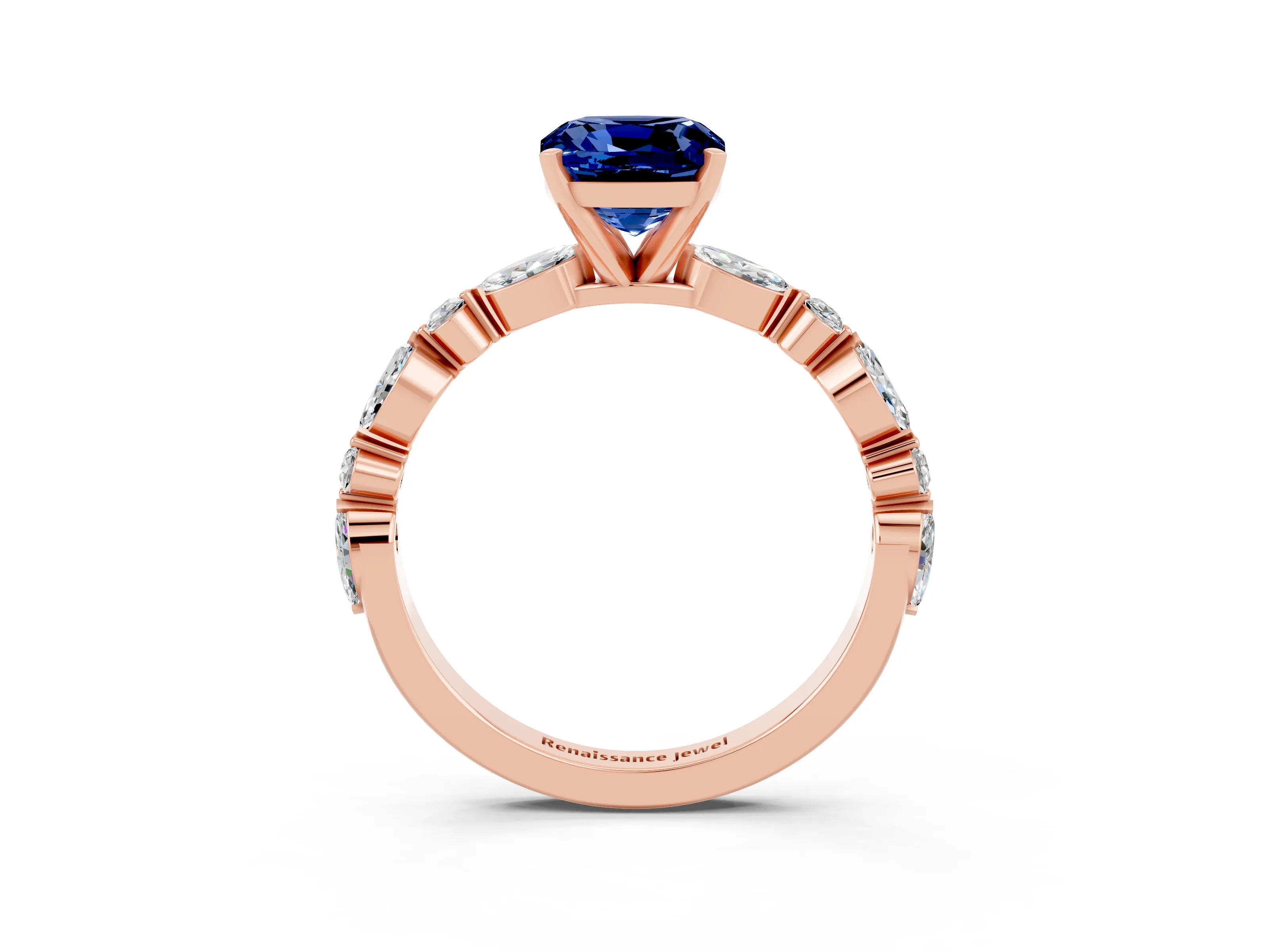 Rose gold Cushion Cut Blue Sapphire Solitaire with Side Stones on a Pavé Band and Four-Prong Setting_3