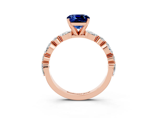 Rose gold Cushion Cut Blue Sapphire Ring with Marquise and Round  Side Stones and Four-Prong Setting