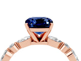 Rose gold Cushion Cut Blue Sapphire Solitaire with Side Stones on a Pavé Band and Four-Prong Setting_4