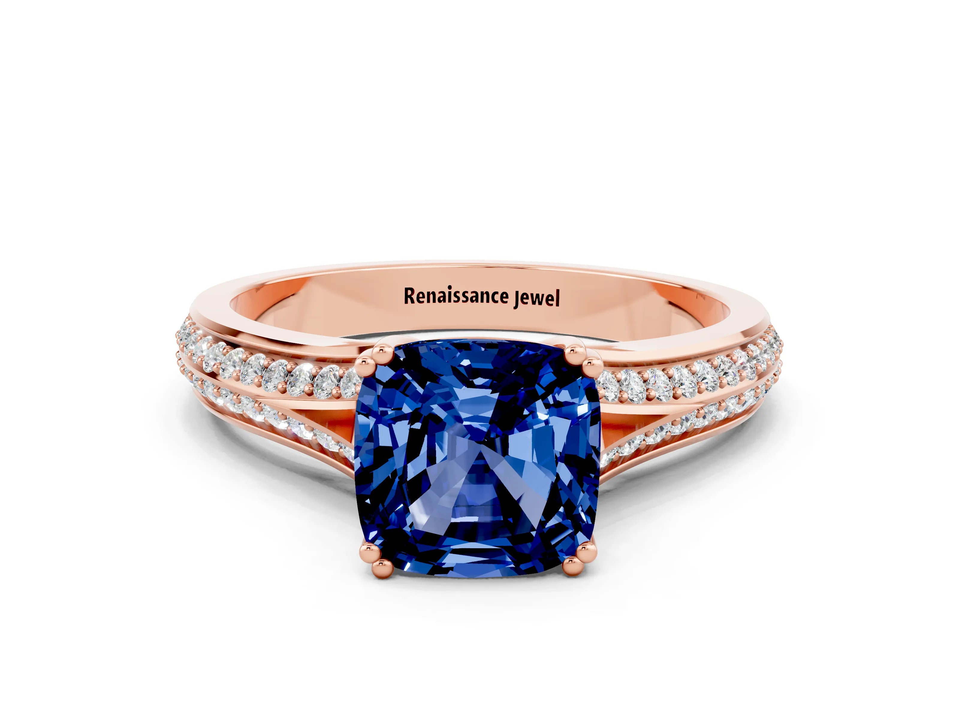 Rose gold Cushion Cut Blue Sapphire Split Shank Engagement Ring with Pavé Band