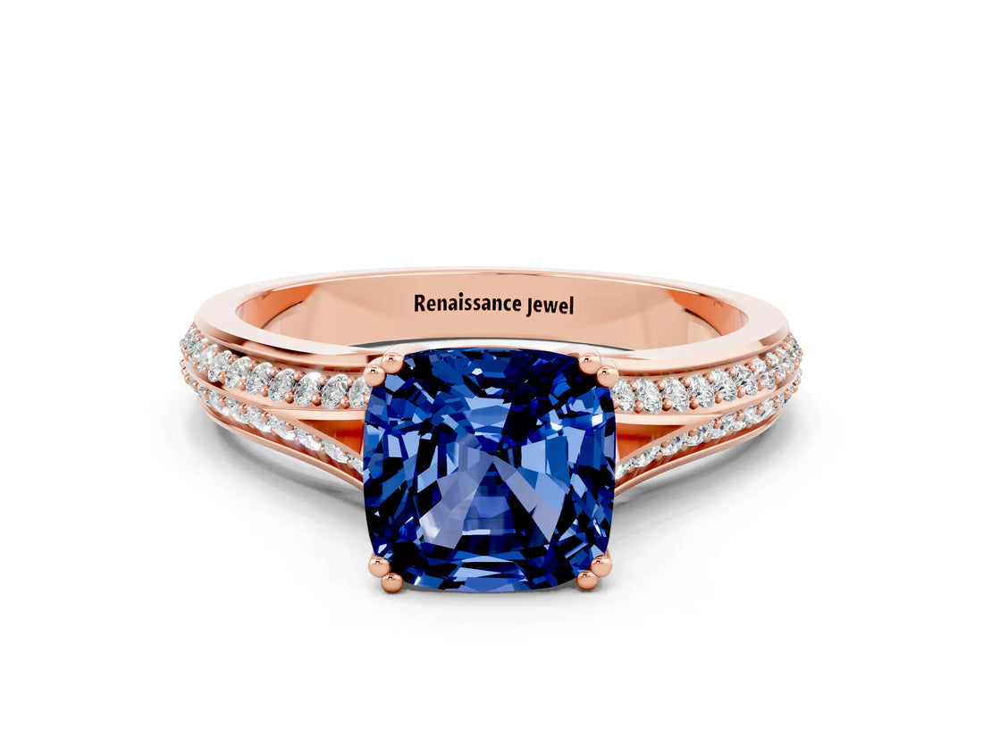 Rose gold Cushion Cut Blue Sapphire Split Shank Engagement Ring with Pavé Band