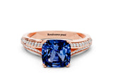 Rose gold Cushion Cut Blue Sapphire Split Shank Engagement Ring with Pavé Band