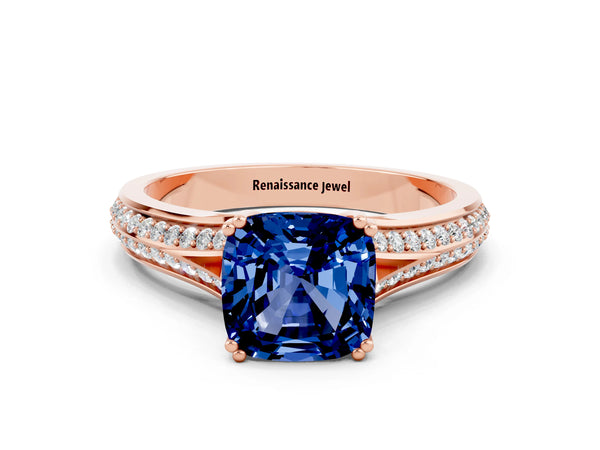 Rose gold Cushion Cut Blue Sapphire Split Shank Engagement Ring with Pavé Band