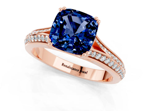 Rose gold Cushion Cut Blue Sapphire Split Shank Engagement Ring with Pavé Band_1