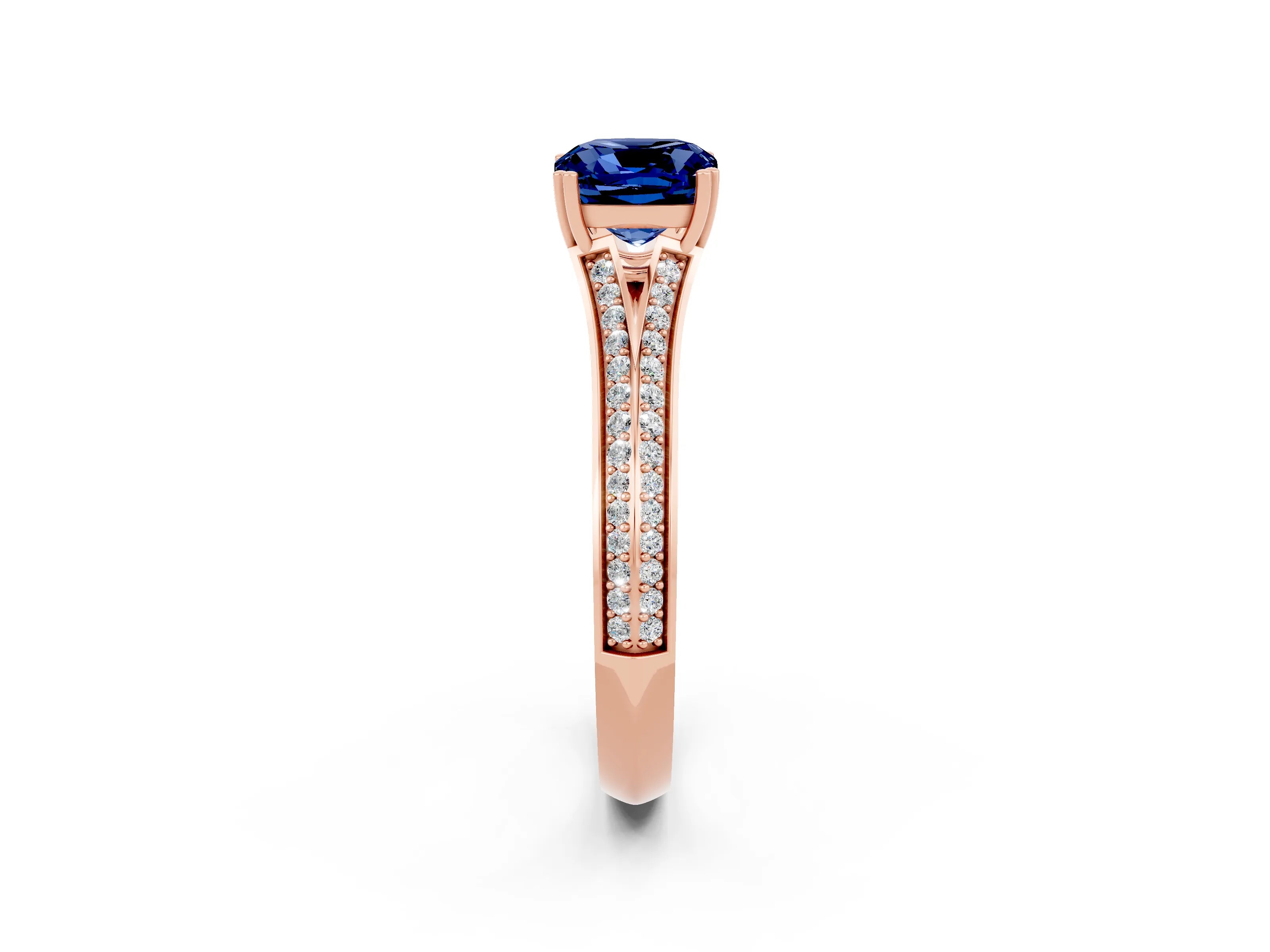 Rose gold Cushion Cut Blue Sapphire Split Shank Engagement Ring with Pavé Band_2