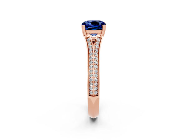 Rose gold Cushion Cut Blue Sapphire Split Shank Engagement Ring with Pavé Band