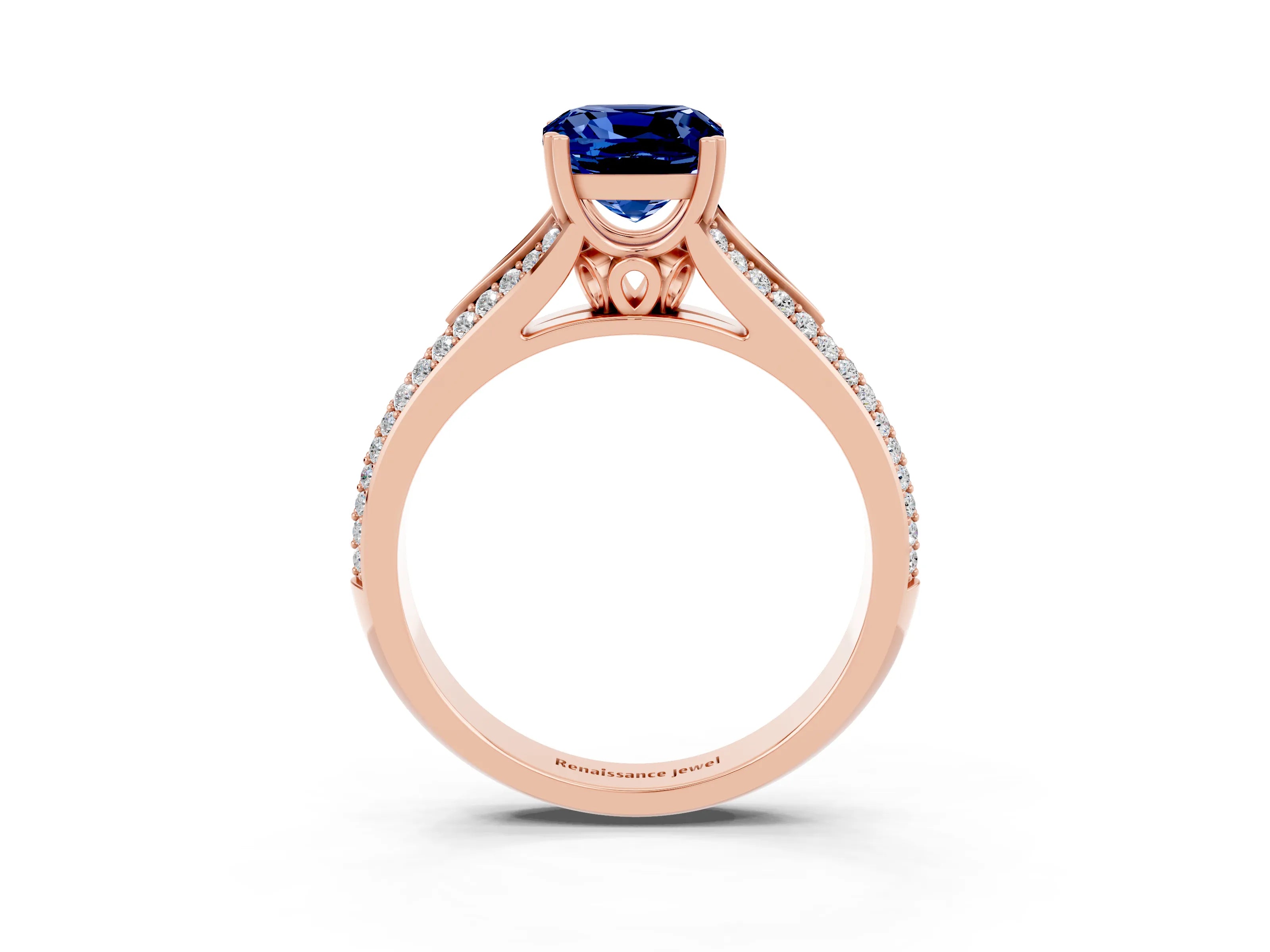 Rose gold Cushion Cut Blue Sapphire Split Shank Engagement Ring with Pavé Band_3