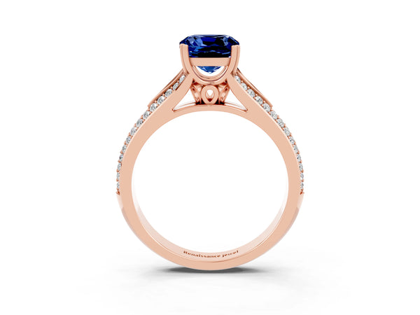 Rose gold Cushion Cut Blue Sapphire Split Shank Engagement Ring with Pavé Band