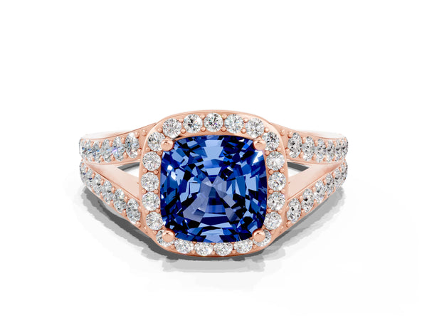 Rose gold Cushion Cut Blue Sapphire Split Shank Halo Ring with Four-Prong Setting