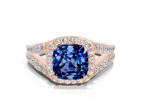 Rose gold Cushion Cut Blue Sapphire Split Shank Halo Ring with Four-Prong Setting_12