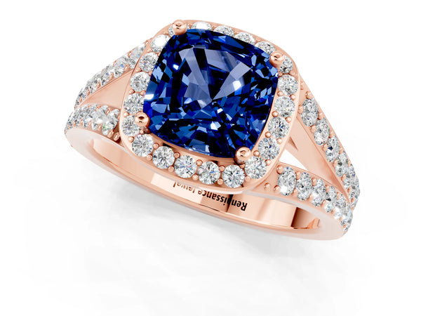 Rose gold Cushion Cut Blue Sapphire Split Shank Halo Ring with Four-Prong Setting