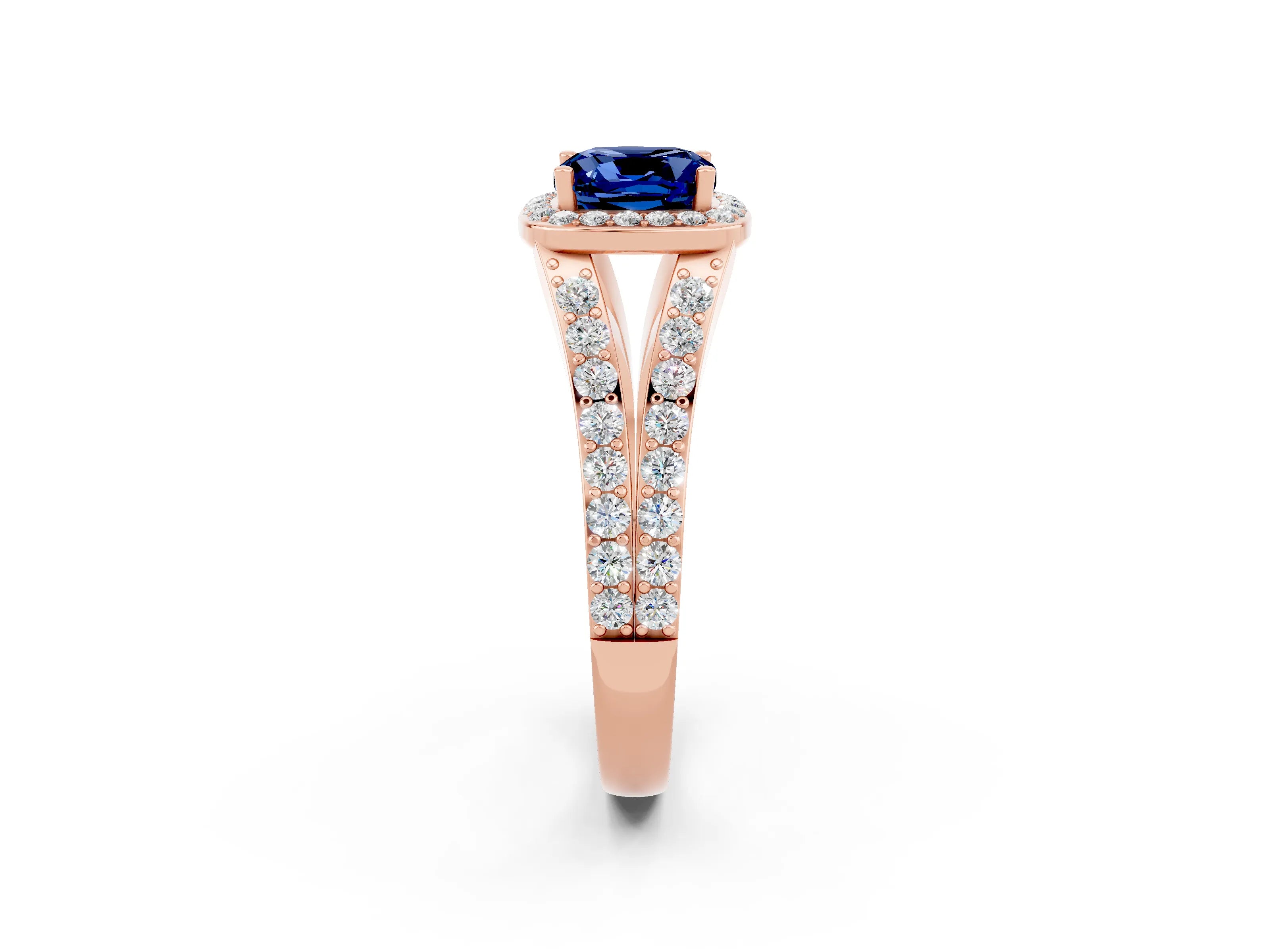 Rose gold Cushion Cut Blue Sapphire Split Shank Halo Ring with Four-Prong Setting_14